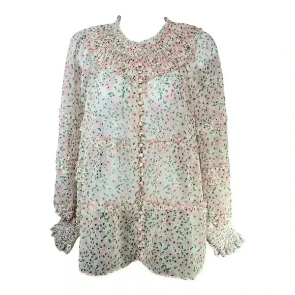 ALICE+OLIVIA Blouse Top Floral Tier Puff Sleeve Smock Neck Women's Medium - Picture 1 of 4